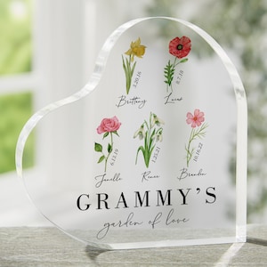 Birth Month Flower Personalized Colored Heart Keepsake - Custom Mother&#39;s Day Grandma Gift - Floral Birth Month Flower Gifts - Custom Names