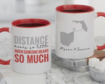 Personalized Long Distance Red 11oz Coffee Mug – Custom State Mug for Couples Friends Family – Love Knows No Distance Gift