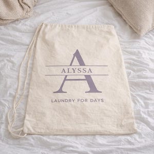 Personalized Canvas Laundry Bag – Custom Monogram Drawstring Storage – Dorm – Apartment Gift Purple