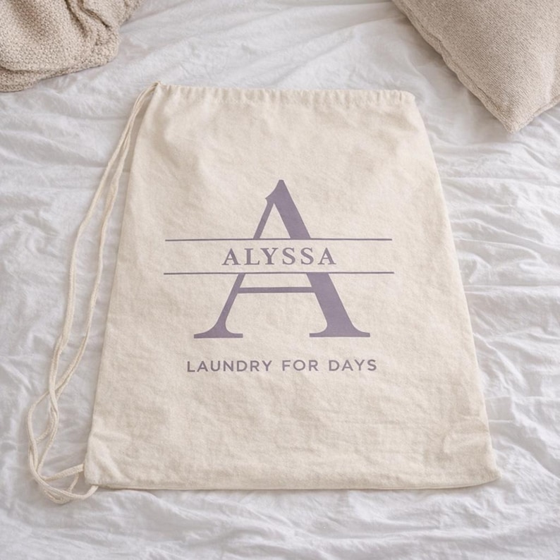Personalized Canvas Laundry Bag – Custom Monogram Drawstring Storage – Dorm – Apartment Gift Purple