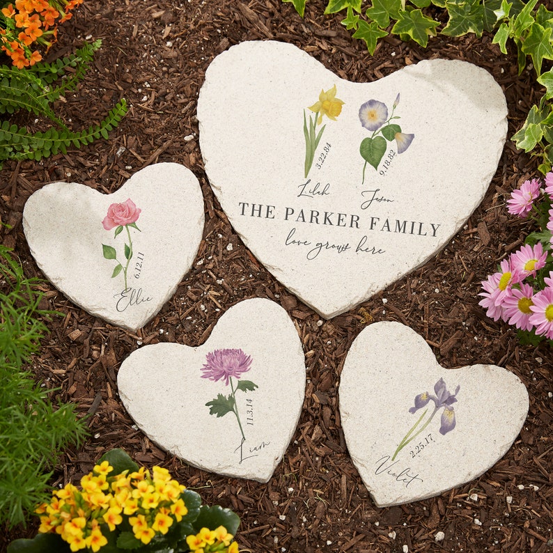 Birth Month Flower Personalized Small Heart Garden Stone, Birth Flower Garden Stone, Garden Decor, Gifts for Her, Mother's Day Gifts image 3