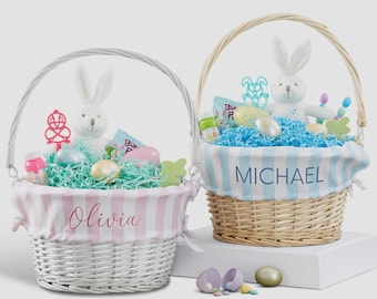 Personalized Delicate Stripes Easter Basket for Kids – Custom White Easter Basket with Name – Spring Toddler Easter Egg Hunt Basket