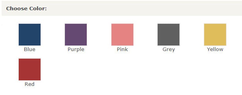 K&ouml;nnte beinhalten: Eine Farbauswahltabelle mit dem Text "Choose Color:" &uuml;ber einer Reihe von Farbfeldern. Die Farbfelder umfassen Blau, Lila, Rosa, Grau, Gelb und Rot. Unter jedem Farbfeld steht der Name der Farbe.