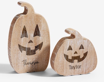 Personalized Wooden Pumpkin – Custom Jack-O-Lantern Face Fall Décor – Engraved Farmhouse Halloween Decoration