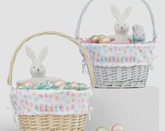 Personalized Easter Basket – Handwoven Wicker with Egg Pattern Liner – Custom Name Detail