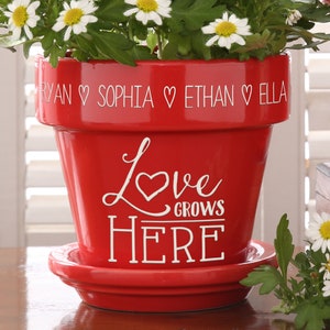 Love Grows Here Personalized Flower Pot, Mother's Day Gifts, Gifts for Her, Personalized Planter, Custom Flower Pot Red