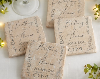 Elegant Couple Personalized Wedding Tumbled Stone Coaster Set, Personalized Wedding Gifts, Gifts for Couples, Personalized Home Decor