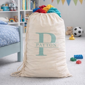 Personalized Canvas Laundry Bag – Custom Monogram Drawstring Storage – Dorm – Apartment Gift Mint