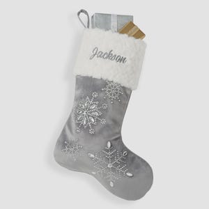 Embroidered Grey Velvet Christmas Stocking – Snowflake Jewel Accents – Personalized Family Holiday Decor