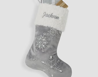 Embroidered Grey Velvet Christmas Stocking – Snowflake Jewel Accents – Personalized Family Holiday Decor