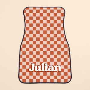 May include: Checkered car floor mat with a red and white pattern and the name "Julian" in a retro font.