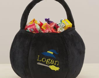 Witch Embroidered Black Plush Halloween Treat Bag – Trick or Treat Bag – Halloween Bags – Easter Basket – Candy Basket – Custom Halloween