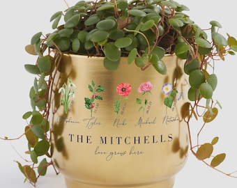 Personalized Birth Month Flower Gold Planter – Custom Family Name Ceramic Plant Pot – Metallic Flower Pot Gift for Mother’s Day