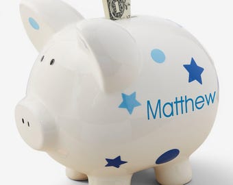 Blue Polka Dot Piggy Bank – Personalized Ceramic Baby Gift
