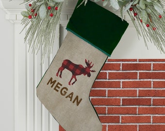 Personalized Buffalo Check Christmas Stocking – Holiday Fireplace Accent – Custom Green Stocking for Seasonal Gifts