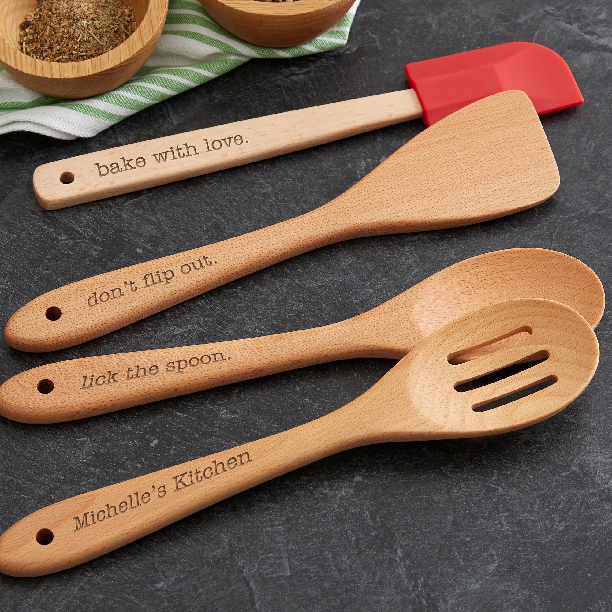 Kitchen Expressions Personalized Beechwood Utensils 4 Piece Set, Gifts for  Home, Housewarming Gift, Mother's Day Gift, Christmas Gift