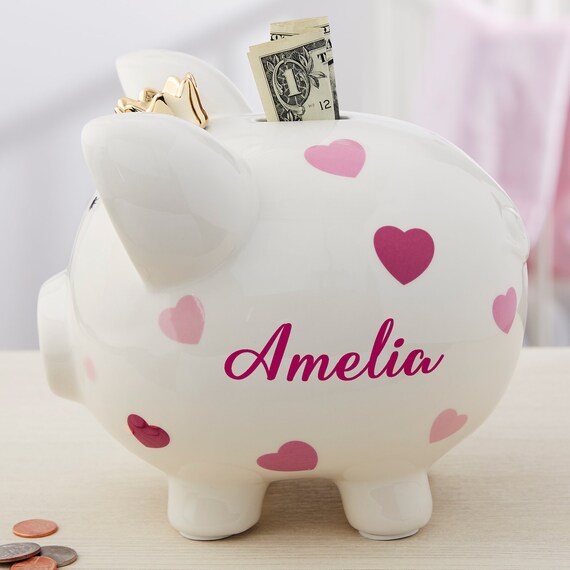 Baby Girl Pink Heart Personalized Piggy Bank