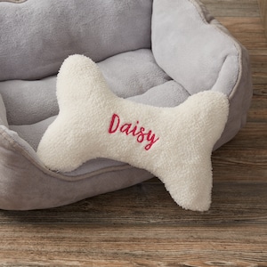 Personalized Small Dog Bone Pet Pillow – Small Custom Embroidered Dog Name Pillow – Pet Bed Accent