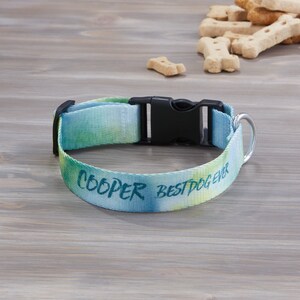 Pu&ograve; includere: Un collare per cani con un motivo tie-dye blu e verde. Il collare ha una fibbia in plastica nera e un anello in metallo argentato. Il testo "COOPER BEST DOG EVER" &egrave; stampato sul collare. Biscotti per cani sullo sfondo.
