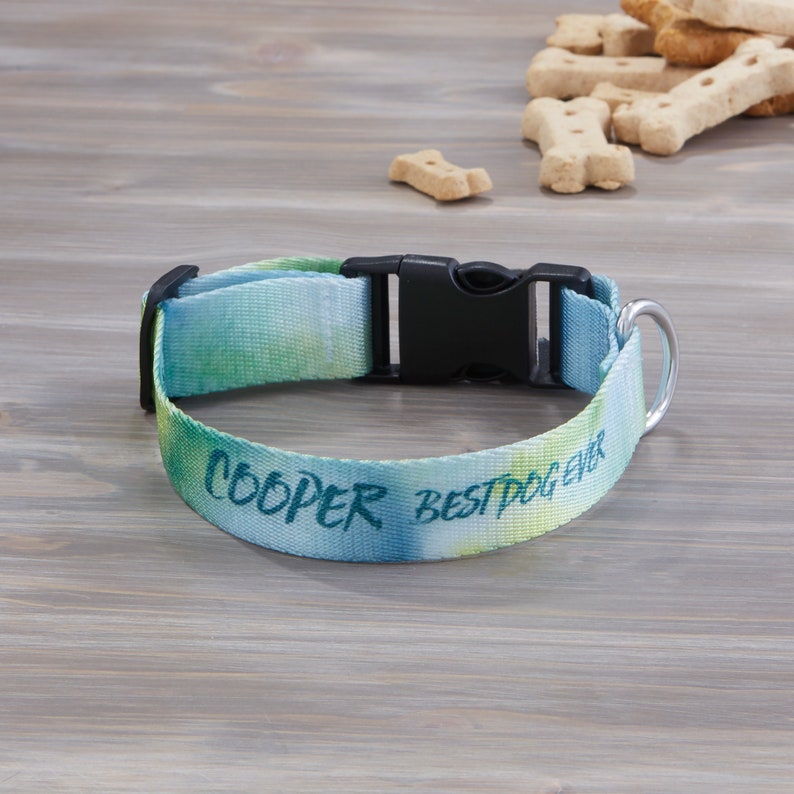Pu&ograve; includere: Un collare per cani con un motivo tie-dye blu e verde. Il collare ha una fibbia in plastica nera e un anello in metallo argentato. Il testo "COOPER BEST DOG EVER" &egrave; stampato sul collare. Biscotti per cani sullo sfondo.