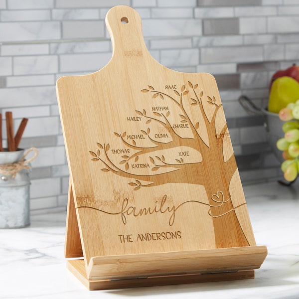 Family Tree Personalized Bamboo Cookbook & Tablet Stand, Engrave Cookbook Stand, Tablet Stand, Kitchen Cookbook Stand, Kitchen Decor