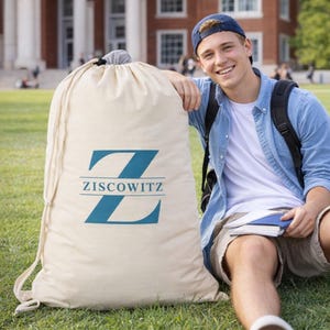 Personalized Canvas Laundry Bag – Custom Monogram Drawstring Storage – Dorm – Apartment Gift Blue