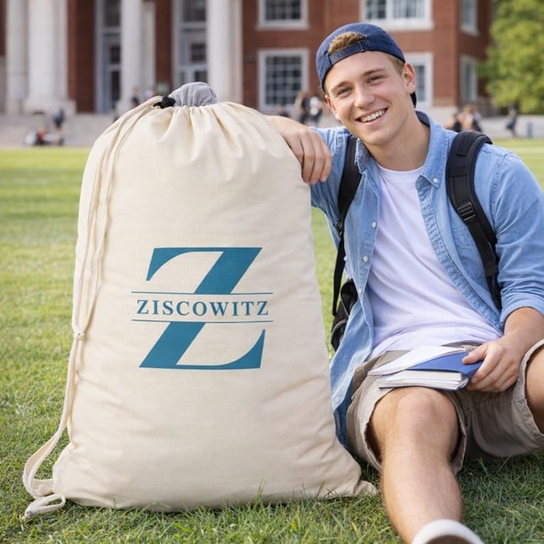 Personalized Canvas Laundry Bag – Custom Monogram Drawstring Storage – Dorm – Apartment Gift Blue