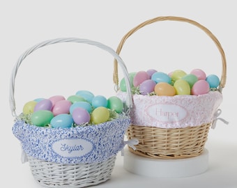 Personalized Bunny Toile Easter Basket – Custom Name Easter Basket for Kids – Easter Egg Hunt Basket for Children – Blue Toile Flower Basket