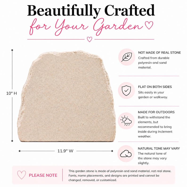 May include: A beige garden stone, approximately 25 cm high and 30 cm wide, with a textured surface. The text "Beautifully Crafted for Your Garden" is at the top. Made of polyresin and sand, suitable for outdoor use.
