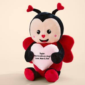 May include: A plush ladybug toy with a black body, red wings, and a heart-shaped face. The toy holds a pink heart with the text "Taylor, You're cute as a bug! Love, Mom & Dad". The ladybug has red heart antennae.