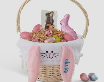 Embroidered Easter Bunny Liner Easter Basket – Personalized Plush Easter Bunny Basket for Kids – Soft Easter Egg Hunt Treat Bag