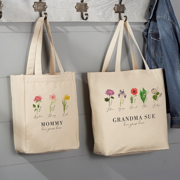 Birth Month Flower Personalized Canvas Tote Bag, Personalized Gifts for Her, Mother's Day Gift, Grandma Tote Bag, Custom Grocery Bags