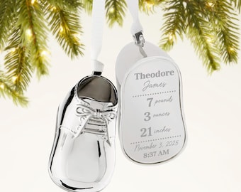 Personalized Baby Bootie Ornament – Silver Metal Keepsake – Newborn Christmas Ornament – Baby Girl or Boy First Christmas Gift