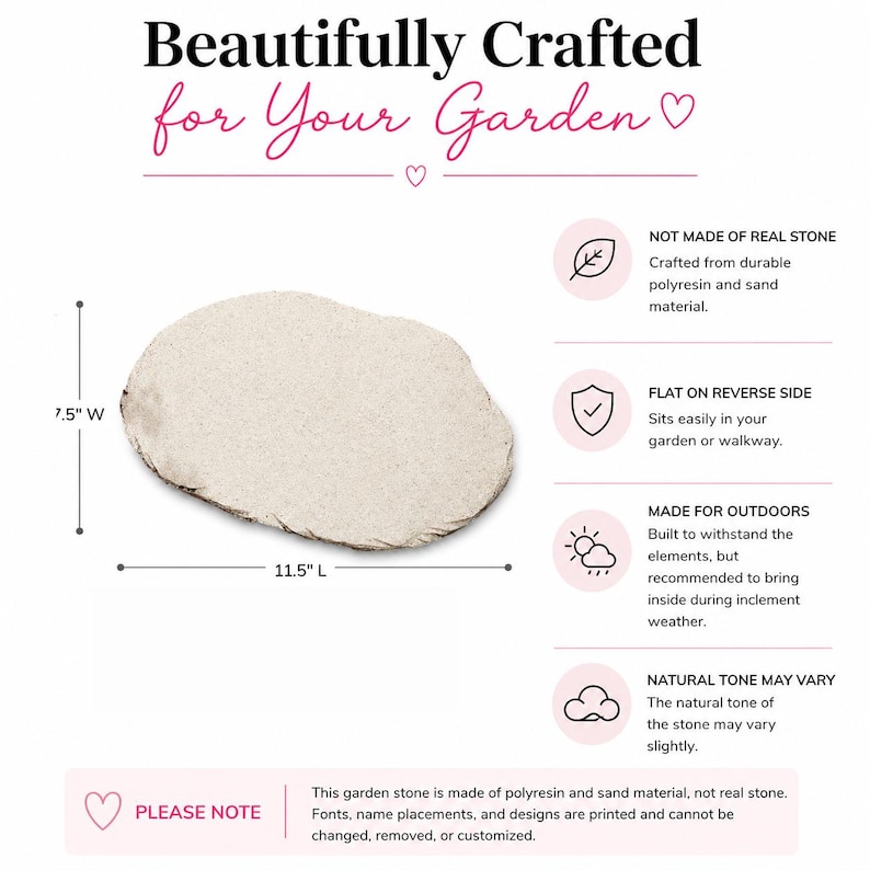 May include: A beige garden stone, 11.5 inches long and 7.5 inches wide, with an irregular shape. The text "Beautifully Crafted for Your Garden" is at the top. Made of polyresin and sand, it is designed for outdoor use.
