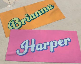 Personalized Retro Beach Towel – Custom Name Pool Towel for Kids & Adults – Vibrant Summer Colors – Large Soft Cotton Towel