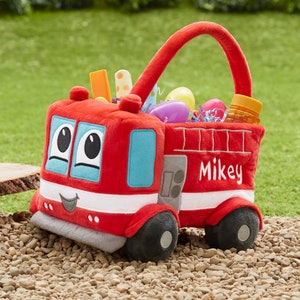 Fire Truck Embroidered Plush Easter Basket – Personalized Easter Treat Bag for Kids