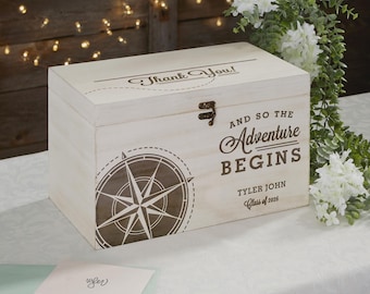 Personalized Graduation Card Box – Engraved Compass Wood Card Holder – Custom Graduation Party Money Box – Unique Grad Student Keepsake Gift