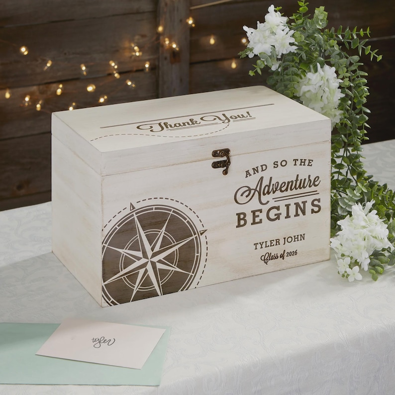 Personalized Graduation Card Box – Engraved Compass Wood Card Holder – Custom Graduation Party Money Box – Unique Grad Student Keepsake Gift image 1