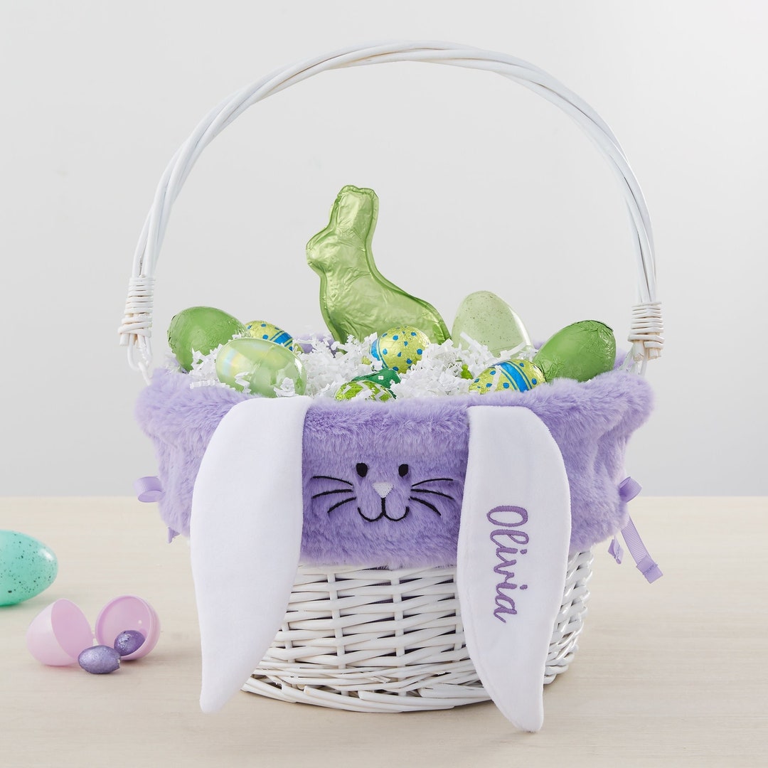 Personalized Purple Bunny Easter Basket Liner & White Basket With Folding Handle, Easter Baskets