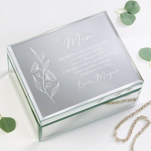 Floral Message For Mom Engraved Glass Jewelry Box, Gifts for Her, Valentine&#39;s Day Gifts, Jewelry Gifts, Mothers Day Gift