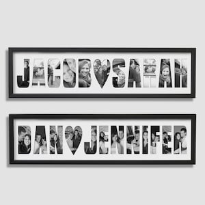 May include: Two black rectangular frames containing personalized photo collages. The top frame displays the name JACOB SARAH with black and white photographs inside each letter. The bottom frame displays DAN JENNIFER with photos inside each letter.