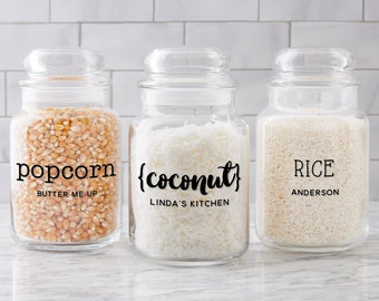 Kitchen Text Personalized Glass Storage Jar, Kitchen Storage, Kitchen Jars, Kitchen Decor, Housewarming Gift, Glass Jar, Farmhouse Kitchen