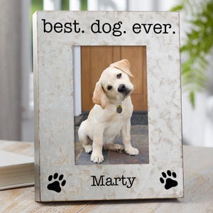 May include: A distressed white picture frame with the text "best. dog. ever." and paw prints. The frame holds a photo of a yellow Labrador puppy with a tilted head. The name "Marty" is printed at the bottom.