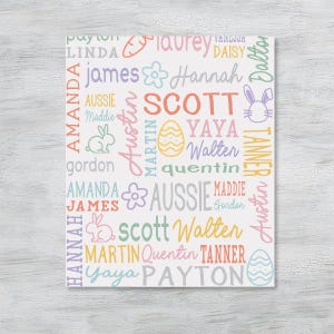 May include: A white background with colorful text spelling out names like Amanda, James, Scott, Walter, and Payton. There are also images of bunnies and Easter eggs.