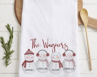 Personalized Christmas Tea Towel - Snowman Kitchen Towel with Names - Holiday Cotton Dish Towel Gift for Grandma or Hostess
