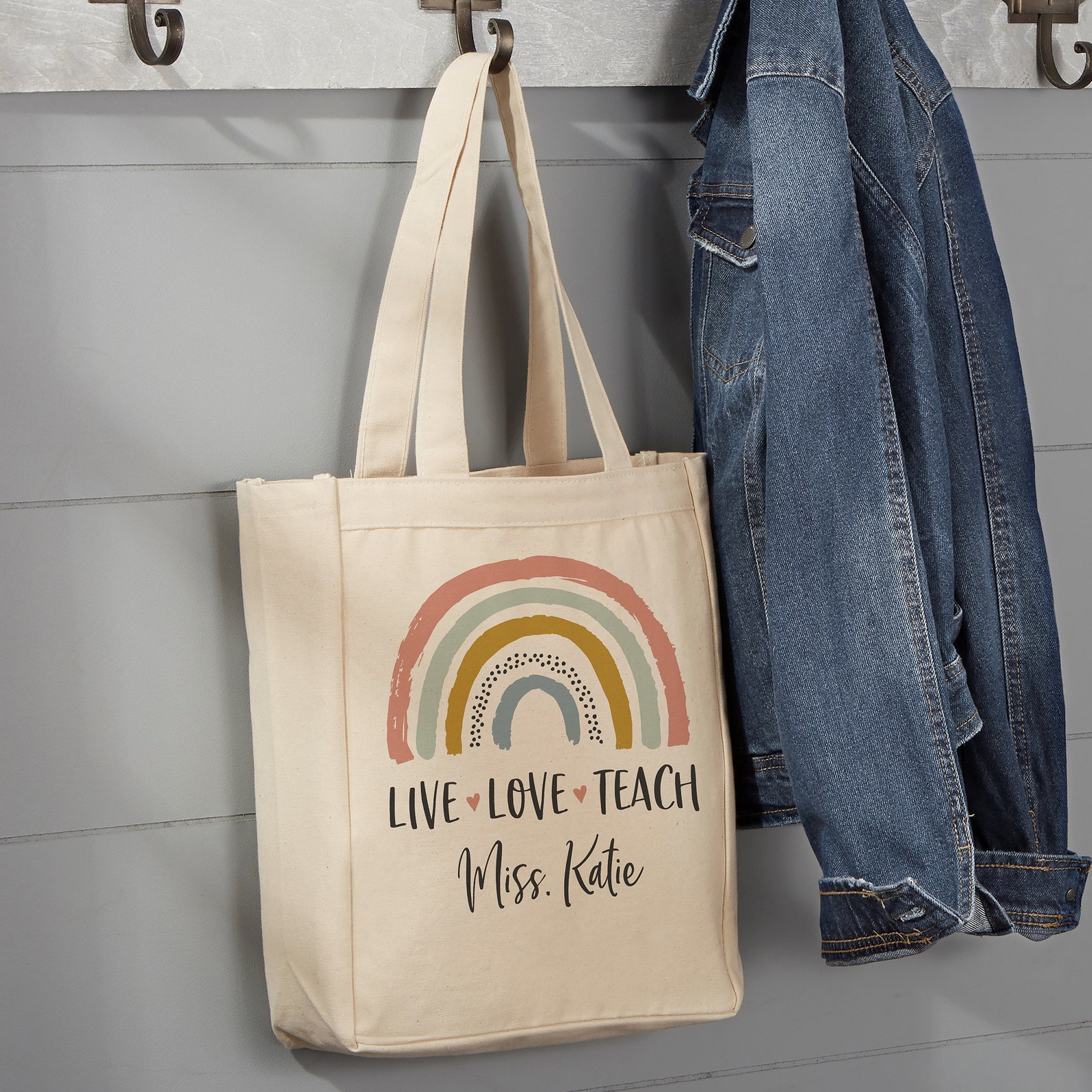Boho Rainbow Personalized Teacher Canvas Tote Bag, Teacher Bag, Teacher ...