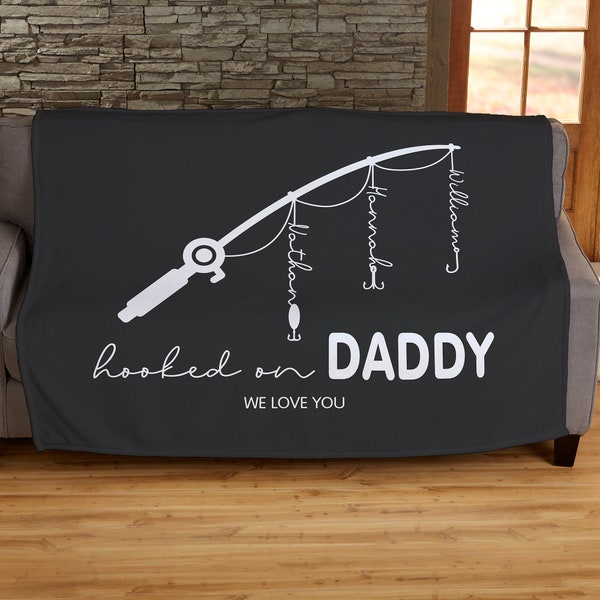 Hooked On Dad Personalized Throw Blanket, Father's Day Gifts, Gifts for Him, Personalized Gift for Dad, Grandpa Gift, Fishing
