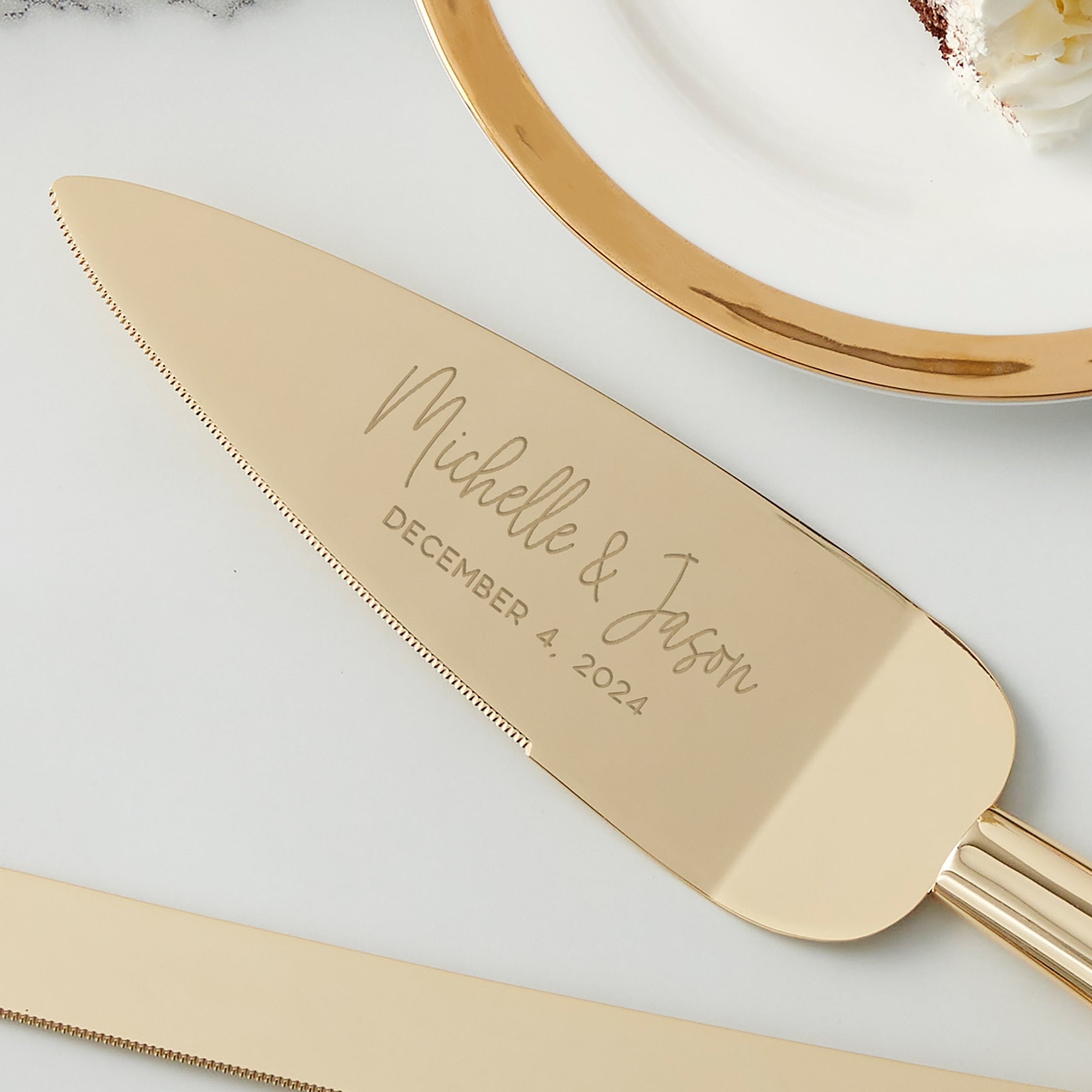 Personalized Wedding Cake Knife and Server Set White Quartz Handles  Engraved Gold Cake Serving Set Black Wedding Cake Knife and Server 