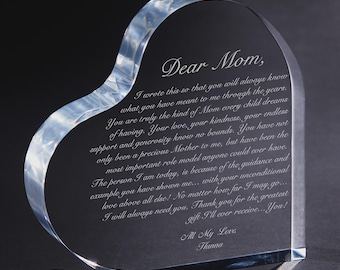 Personalized Heart Sculpture – Custom Message Acrylic Keepsake – Unique Letter to Mom Gift – Sentimental Mother's Day Gifts for Grandma