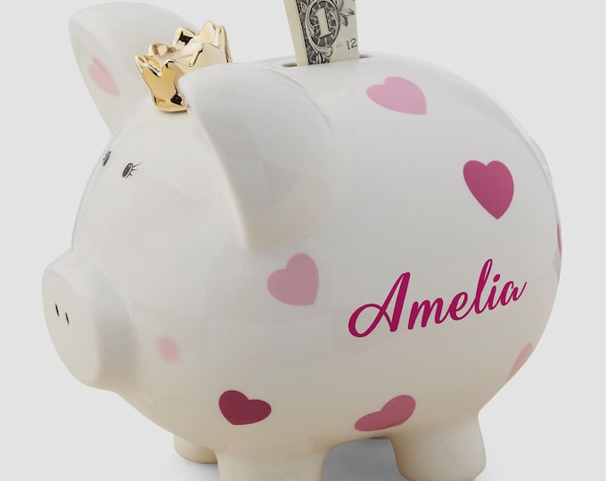 Personalized Baby Girl Pink Heart Piggy Bank – Custom Name Nursery Decor Keepsake for Girls